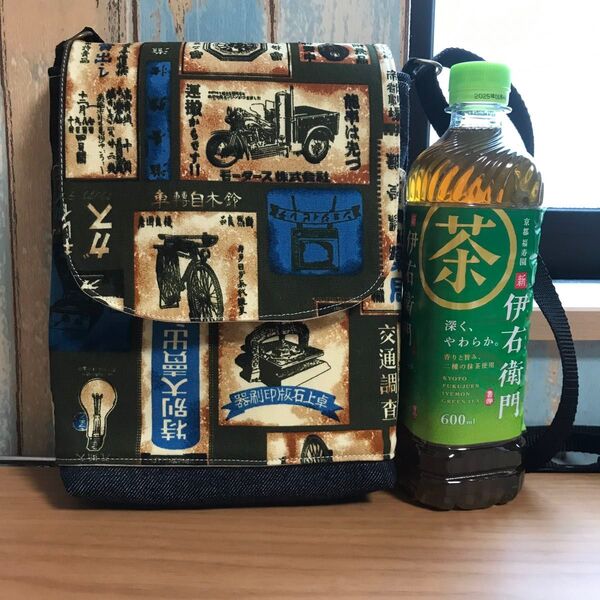 396 カーキ 男性 中性 レトロ 昭和 看板柄 デニム 帆布 ハンドメイド スマホポーチ
