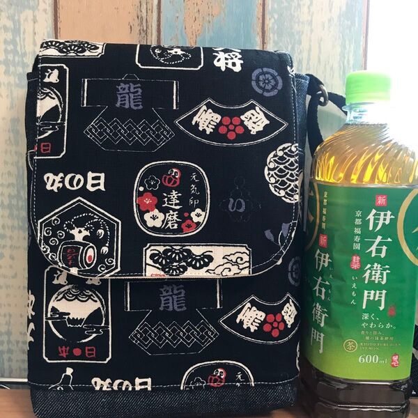 406黒色 和柄 帆布デニム 和風 帆布 昭和 和柄 ハンドメイド スマホポーチ
