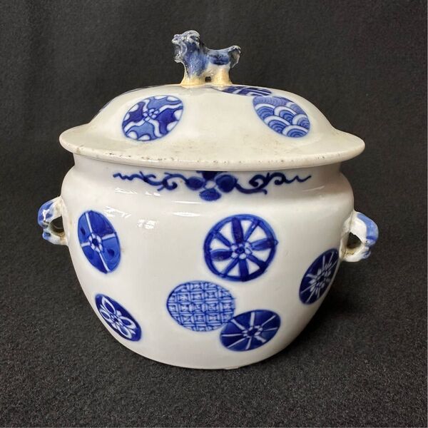 中国美術 清時代 古染付 獅子摘 玉図 蓋物 水指 茶道具 古陶磁 蓋物 染付