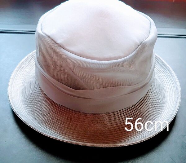 グレーメッシュ ストロー 麦わら帽子 56cm リボン付き