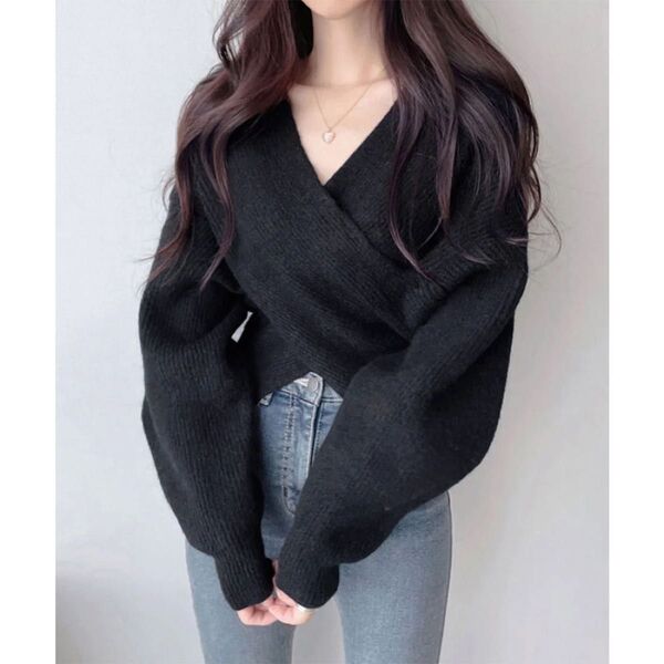 Angel closet カシュクールニット ショート丈 ブラック トップス 無地