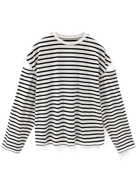 GRL ボーダー柄ショルダースリットルーズトップス ブルー