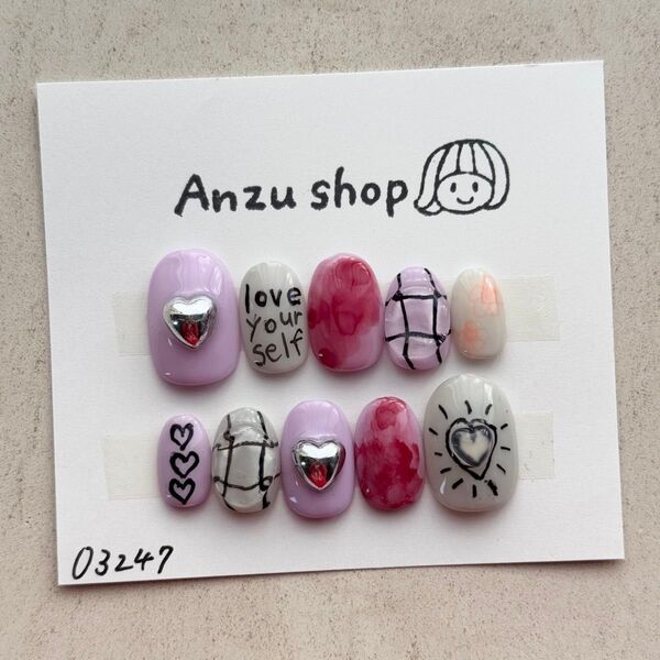 【現品】ピンク 落書き うるうる 韓国 ガーリー ネイルチップ