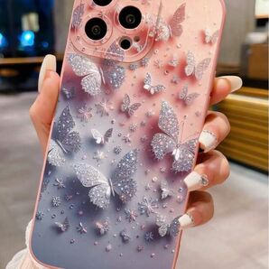 iPhone用 保護ケース カバー ピンク ブルー 蝶々 キラキラ