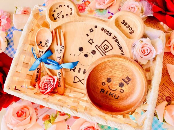m様ご確認 名入れアニマルプレートギフトセット食器4点セット カトラリーAセット12cm ミニボウル ギフトラッピング
