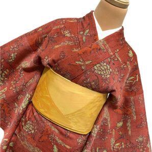 《1K28》小紋 着物 赤茶 袷 正絹 対象身長~162㎝ 草花 雀