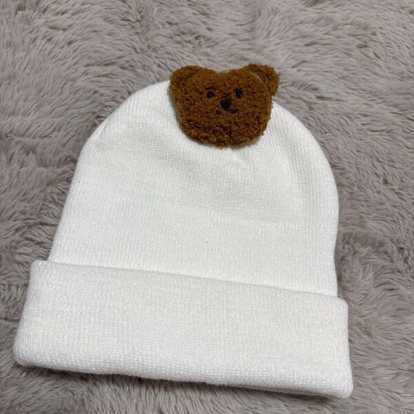 クマさん 刺繍付き白ニット帽 子ども用 ベビー キッズ