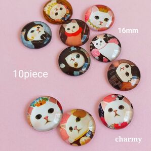 ガラスカボション16mm / しろねこちゃん / 猫カボション / 10個 / 580円
