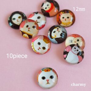 ガラスカボション 12mm / しろねこちゃん / 猫カボション / 10個 / 480円