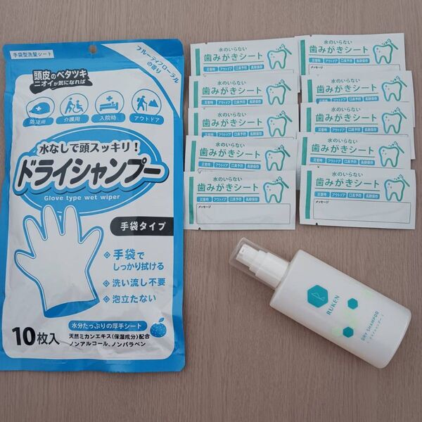 断水時に重宝 【新品未使用~】 3種類セット ドライシャンプー 歯みがきシート