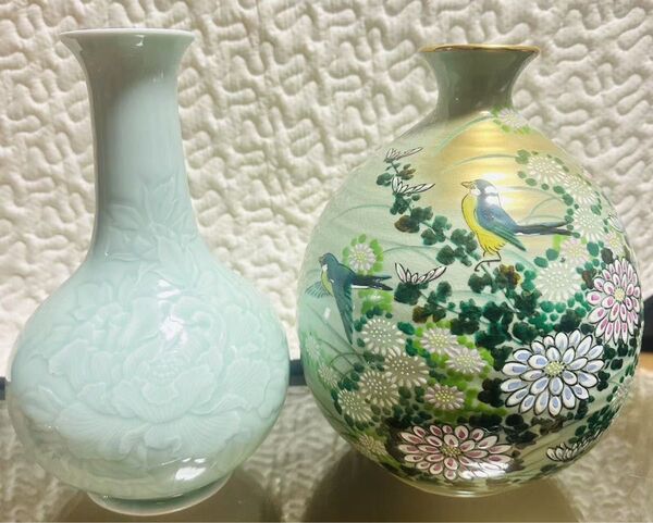 九谷焼玉竜(作)と観山(作)花瓶2点セット 骨董 陶器 花器