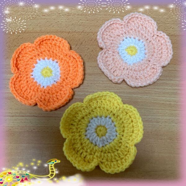 お花のコースター、アクリルたわし 3枚セット ハンドメイド