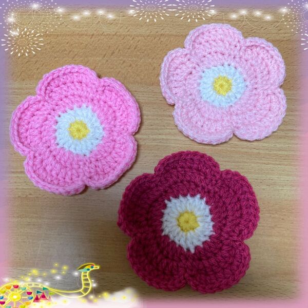 お花のコースター、アクリルたわし 3枚セット ハンドメイド