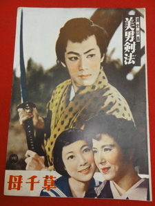 27441『潮出来島　美男剣法/母千草』B5判パンフ　市川雷蔵　瑳峨三智子　水戸光子　黒川弥太郎　三益愛子　川上康子