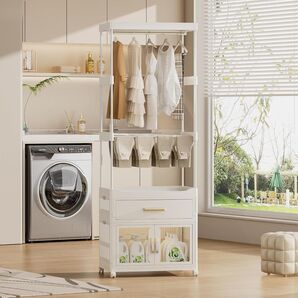 ハンガーラック キャスター付き 一体型 折りたたみ コート ラック + 収納 ボックス と 引き出し 寝室用 収納 キャビネット