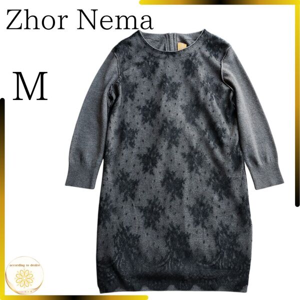 美品 ゾーアンドネマ ニット ロング セーター ワンピース 膝丈 ウール カシミヤ レース m 長袖 zhor & nema
