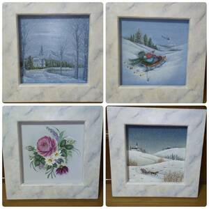 ! work adjustment! tolepainting! middle board 2 sheets .4 surface paint! reversible! rose! winter scenery! frame! final product!