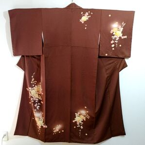 コニタン様 付下げ 訪問着 バラ模様 茶 正絹着物 身丈150 裄65
