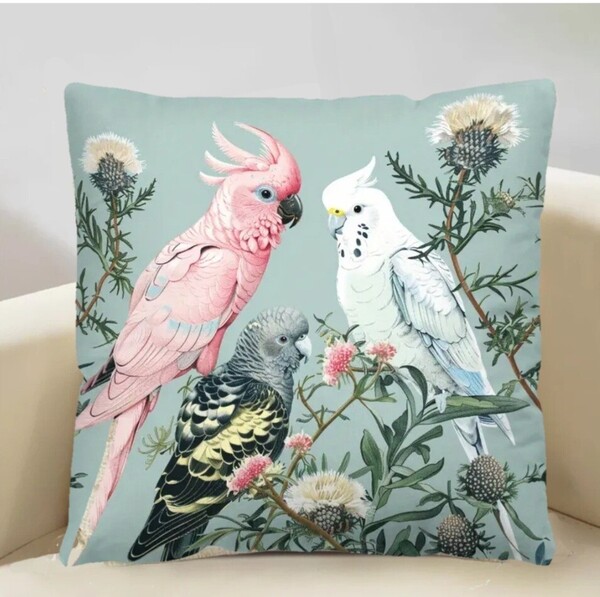 クッションカバー インコとオウム 水色 45cm 鳥の雑貨 HANAKO