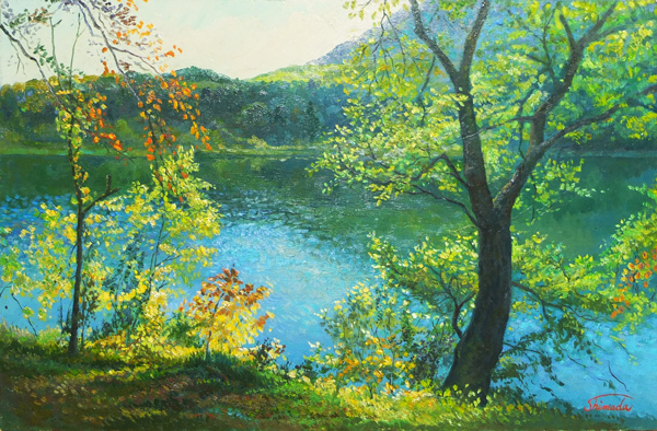 ■ 信州风景油画大池的湖畔 M10(135) 免运费■, 绘画, 油画, 自然, 山水画