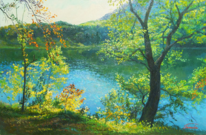 ■ 信州の風景油絵　大池の湖畔　M10号（135） 送料無料 ■