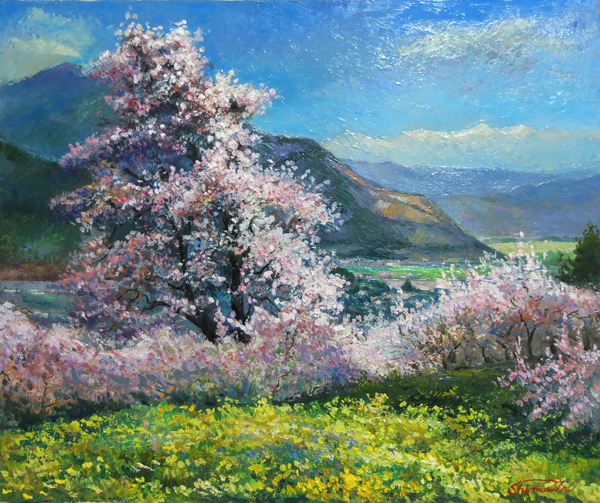 ■ Peinture à l'huile de paysage Shinshu Floraison d'abricot taille F8 Livraison gratuite ■, Peinture, Peinture à l'huile, Nature, Peinture de paysage