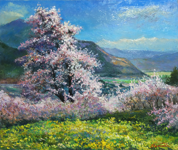 ■ Pintura al óleo de paisaje Shinshu Albaricoque floreciente tamaño F8 Envío gratis ■, Cuadro, Pintura al óleo, Naturaleza, Pintura de paisaje