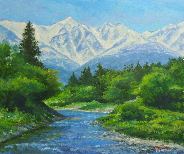 ■ Peinture à l'huile de paysage Shinshu Hakuba flow F8 taille Livraison gratuite ■, Peinture, Peinture à l'huile, Nature, Peinture de paysage