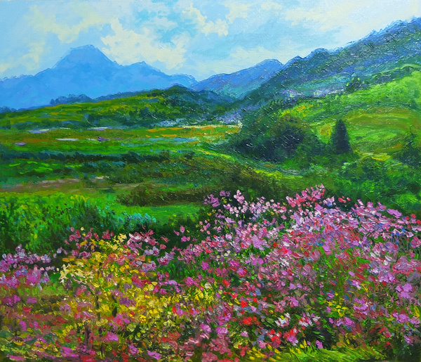 ■■ Pintura al óleo de paisaje Shinshu Obaste y Cosmos tamaño F8 (131) Envío gratis ■■, Cuadro, Pintura al óleo, Naturaleza, Pintura de paisaje