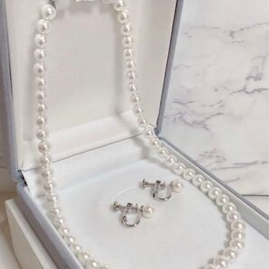 A293 新品未使用【イヤリング付き】純白ホワイト約42㎝ 約6㎜ 本貝パール シェルパール ネックレス 冠婚葬祭 シンプル