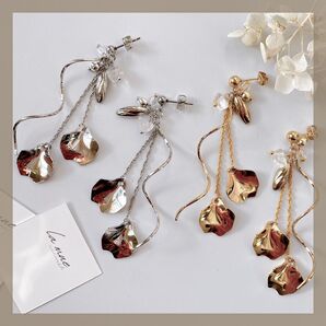 304ステンレス 24KGP メタル 花びら ゴールド シルバー チェーン メタル 天然石 ハンドメイドピアス イヤリング