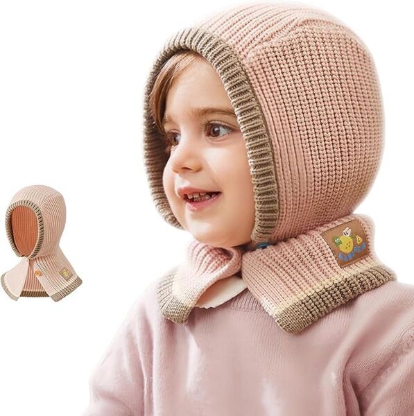 特価【新品】赤ちゃんのニット帽 M 耳掛けニット マフラー付き 防寒防風 くすみピンク