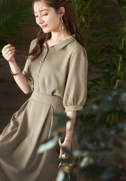 tocco closet パールボタン開襟ブラウス×タックフレアスカートセットアップ 黒 定価10,780円