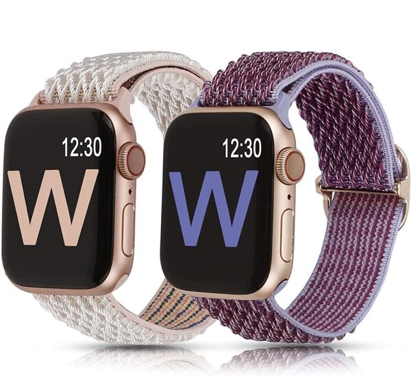 【2個付き】 Apple Watch アップルウォッチ バンド42/44/45/49mm シリーズSE/8/7/6/5/4/3/2対応 ナイロン製弾性バンド (ピンク+パープル)