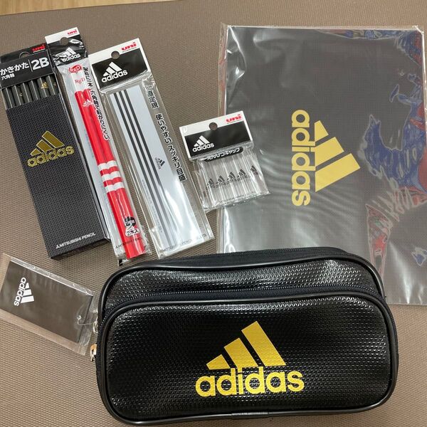 adidas ブラック アディダス ペンケース 筆箱 文房具 文具 鉛筆 定規 えんぴつキャップ 下敷き 福袋 文具セット