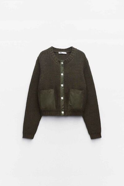 ZARA ニットカーディガンコントラストポケット カーキ Lサイズ
