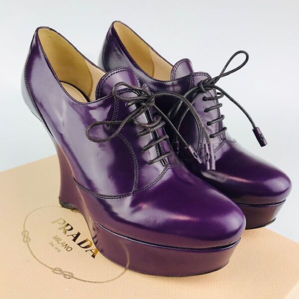極美品★PRADA・レザー レースアップ ウエッジヒールパンプス (34.5)
