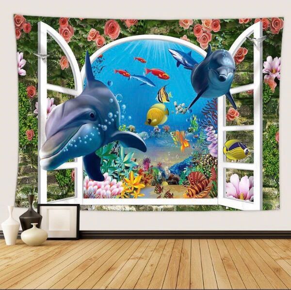 新作!タペストリー金具付きB20 クジラ 海 窓 魚 薔薇 カラフル 壁掛け