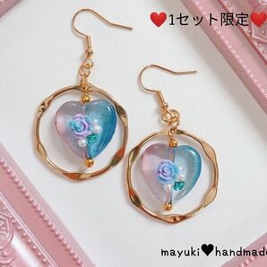 ◆ハンドメイド◆フープ×手染めビジュービーズ×ハート ピアス♪