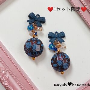 ◆ハンドメイド◆リボン×じゃらじゃら×チョコ風ペイント ピアス イヤリング♪