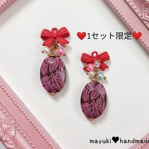 ◆ハンドメイド◆リボン×じゃらじゃら×チョコ風ペイント ピアス イヤリング♪