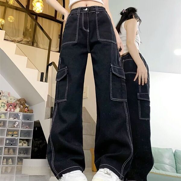 【大人気・脚長】 ステッチ デニムパンツ ボトムス ワイド 海外