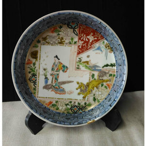 ●c580 古伊万里 色絵 鉢 飾り皿 二重高台 元禄美人の図