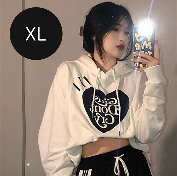 パーカー レディース 韓国風 XL 白 ホワイト ビッグサイズ ハート ロゴ か