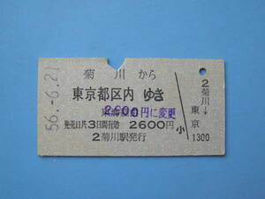 切符 鉄道切符 国鉄 硬券 乗車券 菊川 → 東京 56-6-21 菊川駅 発行 (Z308)