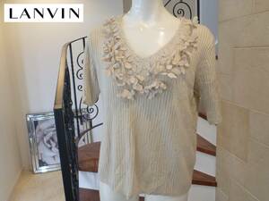 4万 ランバン(LANVIN)★ベージュ　フラワーモチーフ　半袖セーター　40　L相当