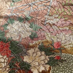 華やか着物生地正絹着物 ①金茶系庭園柄 110×36 正絹 小紋 金彩