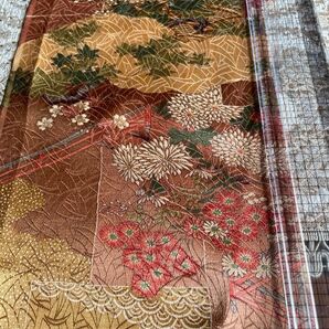 正絹半幅生地④ 17×130 金茶系庭園柄着物生地