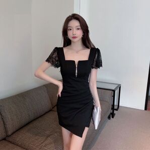 キャバドレス 胸元ジッパー 黒 ブラック L セクシー タイト ミニ丈 セクシー ランジェリー ドレス 良質