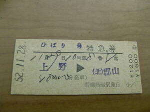 ひばり号　特急券　上野→(北)郡山　昭和52年11月28日発行　磐梯熱海駅発行